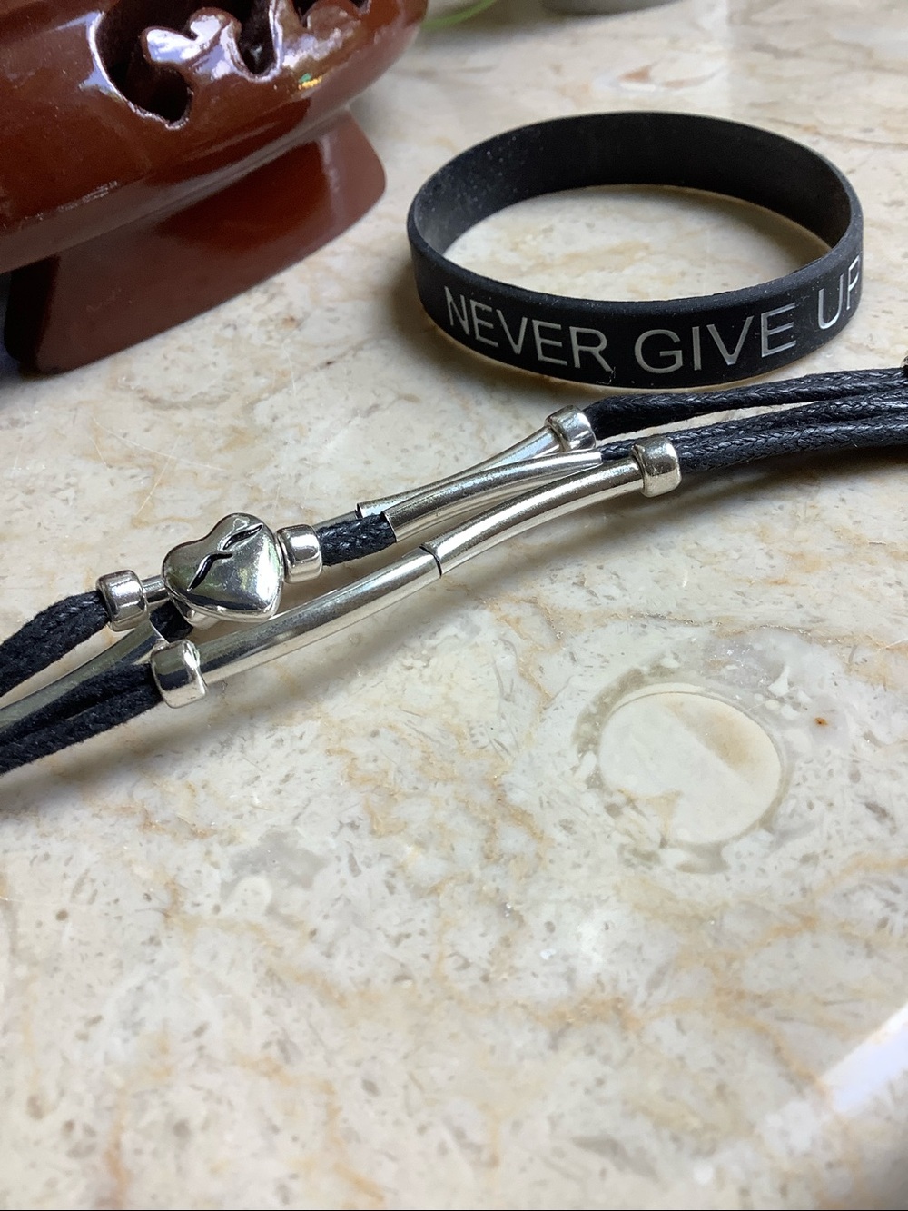 NWOT-black and silver bracelet and black-never give up-bracelet